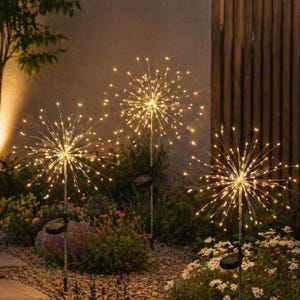 Può includere: Tre luci da giardino a energia solare con un design a forma di fuoco d'artificio. Ogni luce presenta una sfera centrale con numerose luci LED bianche calde radianti. Le luci sono inserite in un'aiuola con fiori e fogliame.