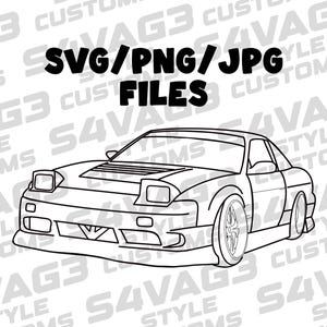 Puede incluir: Dibujo lineal en blanco y negro de un coche deportivo con el texto "SVG/PNG/JPG FILES". El coche tiene un perfil bajo, faros emergentes y ruedas personalizadas. El fondo tiene un patrón repetido de las palabras "CUSTOM" y "STYLE".