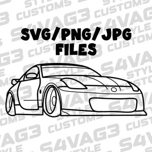 Pode incluir: Ilustração de arte de linha em preto e branco de um carro esportivo. O texto "SVG/PNG/JPG FILES" está acima do carro.