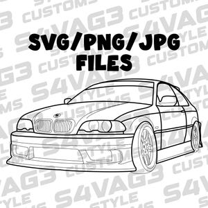 May include: Line art drawing of a black and white car. The car is a BMW 3 series coupe. The drawing is in a simple style and is suitable for use as a digital download.