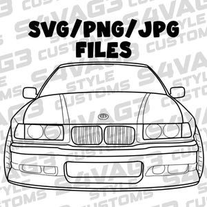 Könnte beinhalten: Schwarz-weiße Strichzeichnung eines Autos von vorne. Der Text "SVG/PNG/JPG FILES" ist oben abgebildet. Das Auto hat Scheinwerfer, einen Kühlergrill und eine Stoßstange.