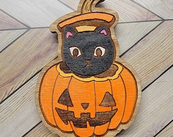 Aimant en bois chat noir et citrouille d'Halloween pour votre réfrigérateur ou votre salle de classe, cadeau d'Halloween pour aller avec une couverture d'Halloween, sticker chat noir