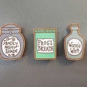 May include: Three wooden potion bottles with labels. The first bottle is gray and says "Deadly Nightshade". The second bottle is green and says "Frog's Breath". The third bottle is gray and says "Worm's Wort".
