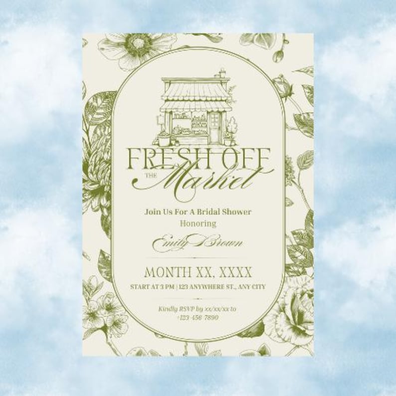 Op de afbeelding: Een uitnodiging voor een bruidsdouche met een bloemmotief in groen en cr&egrave;me. De tekst luidt "FRESH OFF THE Market" en bevat details van het evenement, zoals de datum, tijd en RSVP-informatie. Het ontwerp toont een marktillustratie.