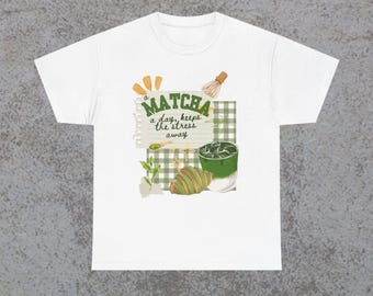 抹茶好きのためのユニセックスヘビーコットンTシャツ、カジュアルTシャツ、お茶愛好家へのギフト、緑茶シャツ、かわいい抹茶アパレル