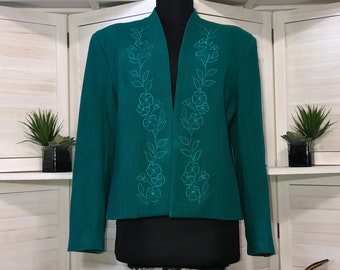 Emily in Paris style vintage des années 80, manteau blazer en laine brodé floral vert sarcelle énorme sz L