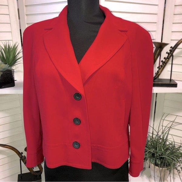 Jones New York vintage Y2K Emily in Paris style waist length classic bright red v neckline lightweight blazer sz 8P