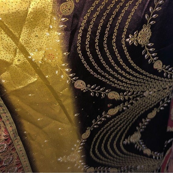 vintage 70s boho Kaftan shiny batik brown golden … - image 7