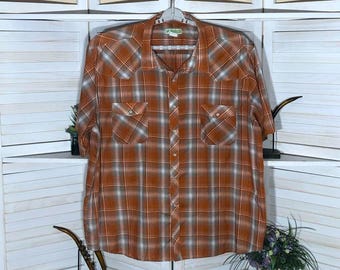 90s cowboy western rust orange plaid short sleeves shirt 3XL