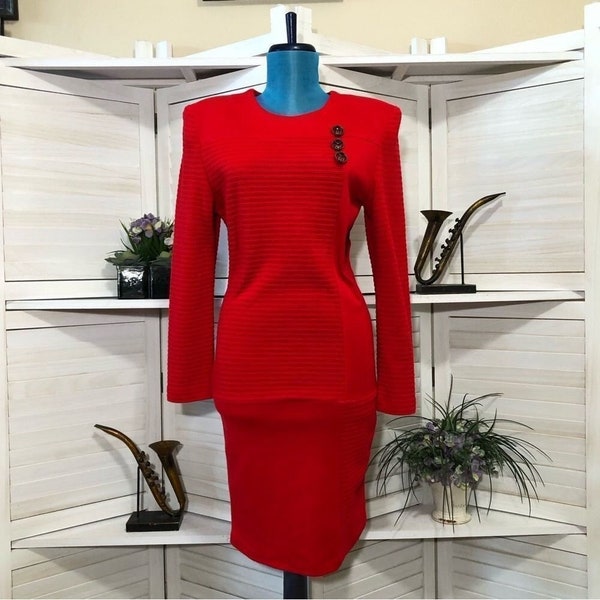 Vintage 80s 90s red sweater long sleeves textured knit dress Sz M