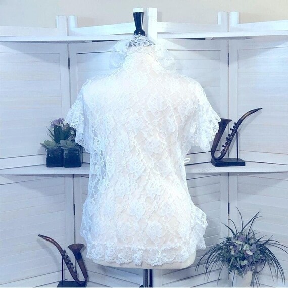 Vintage 80s 90s white sheer lace floral pattern r… - image 2