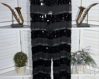 Vintage Y2K sheer black lace fringes sequined shiny disco wide leg pants 10 tall