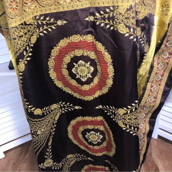 vintage 70s boho Kaftan shiny batik brown golden … - image 6