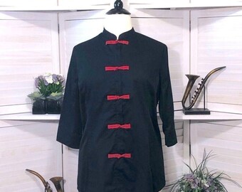 Chefworks Sushi Chef’s shirt black red bows 3/4 sleeves mock neckline sz XL