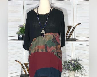 Vintage Y2K tunic oversized boho gauze cotton black wine country scenery Sz L