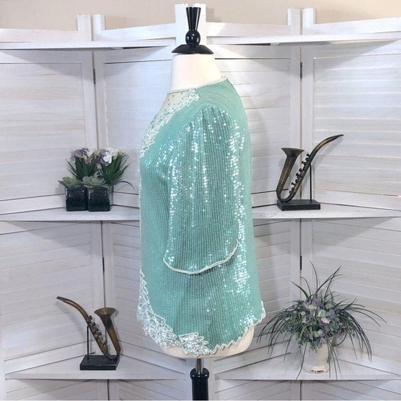 Vintage 80s 100% silk shiny beaded sequined aqua … - image 10
