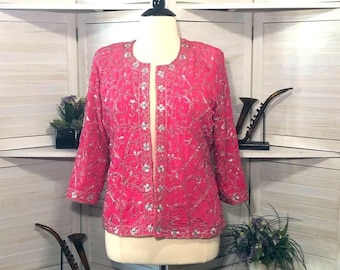 Vintage pink silver floral embroidery beaded blazer coat L