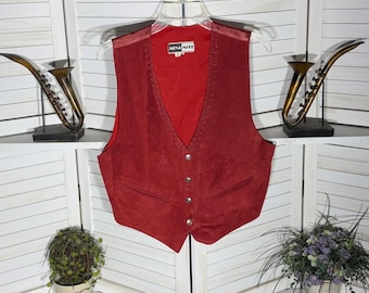 Vintage red suede leather vest snap button v neck cowboy cottage Western sz M