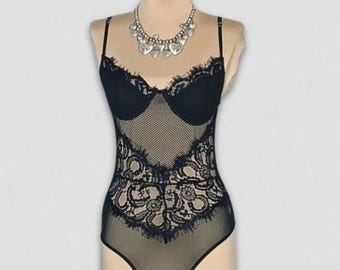 Y2K Bustier Bodysuit Lace Sheer Mesh Floral Black sz S