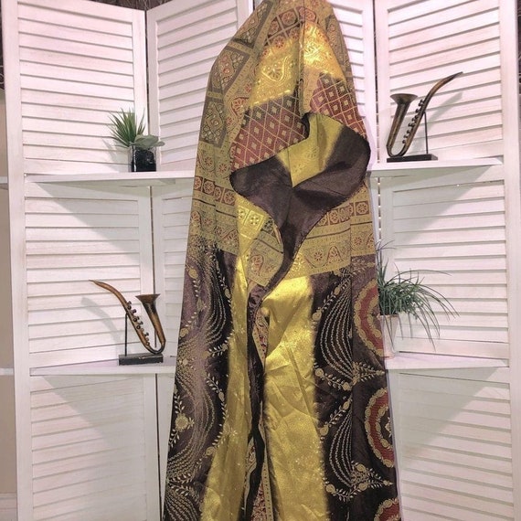 vintage 70s boho Kaftan shiny batik brown golden … - image 5