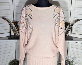 Vintage oversized beaded sweater pink cotton leather floral fairy boho whimsical
