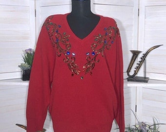 Pull léger en laine angora rouge vintage Année 2000 Worthington, perles dorées, taille 18 W