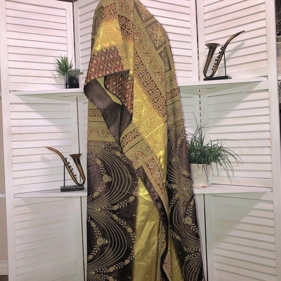 vintage 70s boho Kaftan shiny batik brown golden … - image 4