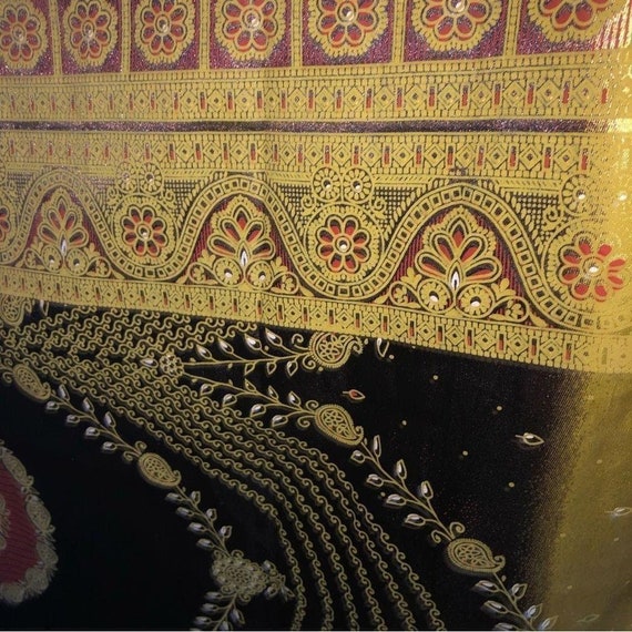 vintage 70s boho Kaftan shiny batik brown golden … - image 9