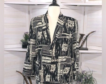 Vintage 90s Avant Garde black cream abstract geometrical art pattern blazer XL