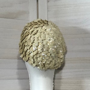 Chapeau de béret vintage des années 50 et 60, fait main, design italien, perles, paillettes crème, sz OS image 2