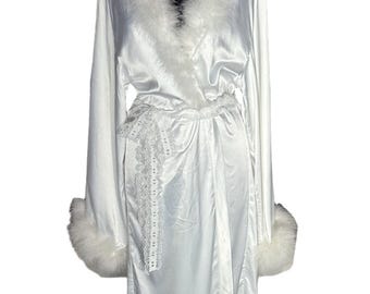 Vintage luxurious feathered satin robe white maxi length lace belt long sleeve M