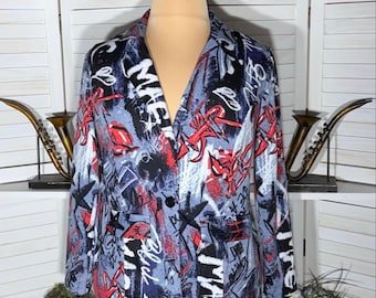 Vintage Wearever Y2K blazer avant garde street signs graffiti print blue red 1X