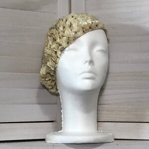 Chapeau de béret vintage des années 50 et 60, fait main, design italien, perles, paillettes crème, sz OS image 1