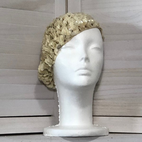 Chapeau de béret vintage des années 50 et 60, fait main, design italien, perles, paillettes crème, sz OS