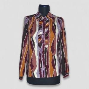 Vintage 80s Blouse Ruffle Front Long Sleeve Purple/Cream S
