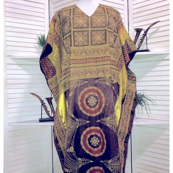 vintage 70s boho Kaftan shiny batik brown golden … - image 1