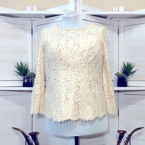 Vintage 60s 70s cream lace floral pattern pearl beaded granny victorian blouse sz XL
