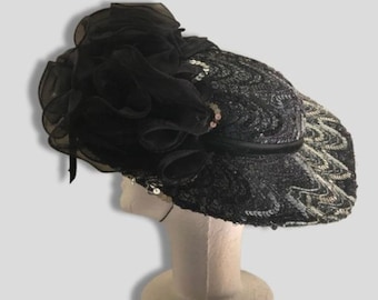 Sonni San Francisco Hat Vintage Sequin Beaded Lace Net Wide Brim Black/Silver OS