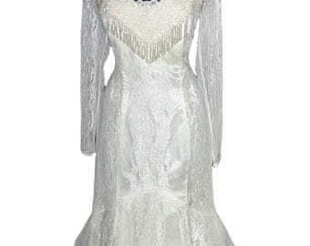 Vintage 70s Victorian wedding dress cream lace sheer sleeves shoulder low back M
