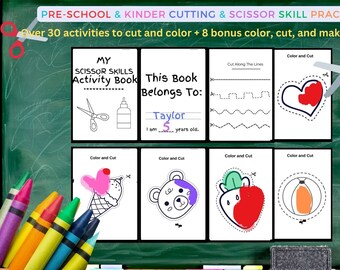 May include: A printable activity book for preschool and kindergarten children featuring over 30 activities to cut and color, plus 8 bonus color, cut, and make object activities. The book includes a title page where a child can write their name and age. The book also includes a page with a heart shape to cut out and color.