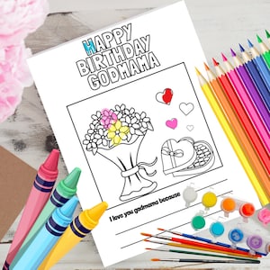 Gelukkige verjaardag Godmama kleur verf invulpagina voor kinderen Instant Download kaart voor peetmoeder cadeau Godmama cadeau afdrukbare kaart