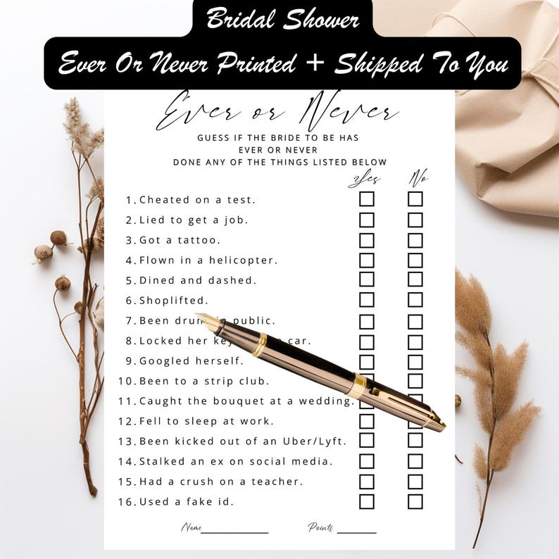 Modern Bridal Shower Game, Printed Shipped Ever or Never, Never Have I