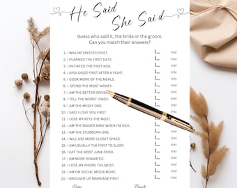 He Said She Said Couples Bridal Shower Card Game | He Said She Said Printed and Shipped To You Bridal Shower Activities Game