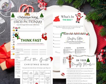 May include: A selection of Christmas party games, including "Christmas Song Emoji Pictionary," "What's in the Bag?", "What's on Your Phone? Christmas Edition," "Find the Guest Christmas Bingo," and "Oh Your Naughty Minds!!!" on white paper.