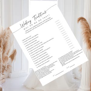 Puede incluir: Un juego de boda imprimible con fondo blanco y texto negro. El juego se llama "Wedding Traditions: Why Do We Do That?" y pide a los jugadores que emparejen las tradiciones de boda con sus orígenes. El juego incluye 15 tradiciones y 15 orígenes.