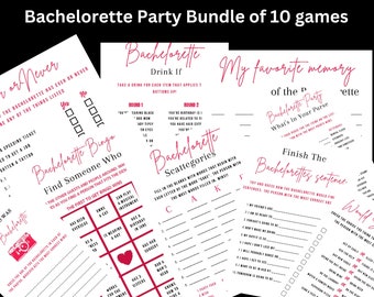 May include: A set of printable bachelorette party games. The games include "Never Have I Ever", "Find Someone Who", "Bachelorette Bingo", "Drink If", "Bachelorette Scavenger Hunt", "My Favorite Memory of the Bachelorette Party", "What's in Your Purse", and "Finish the Bachelorette Sentence".