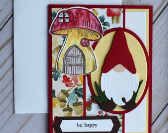 Greeting card gnome and mushroom house