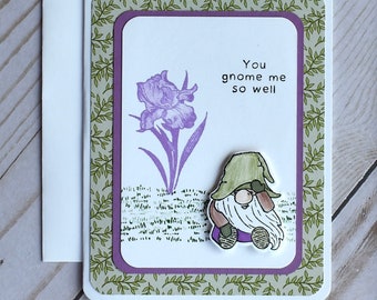 Greeting card gnome underneath iris, great Mother's Day