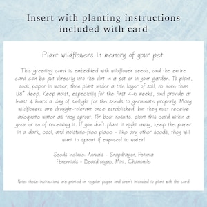Pu&ograve; includere: Una carta rettangolare bianca con testo nero contenente istruzioni per la semina di fiori selvatici. Il testo spiega come piantare la carta contenente semi in 0,3 cm di terra ed elenca i semi inclusi come bocca di leone e menta.