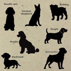 Pu&ograve; includere: Una collezione di sagome nere di cani su uno sfondo beige testurizzato, etichettate con il testo Doodle mix, German shepherd, Bulldog, Poodle, Beagle, Dachsund e Rottweiler, che mostrano varie razze canine in profilo o in posa seduta.